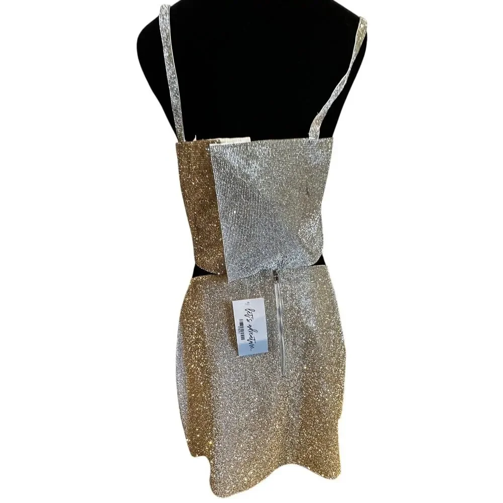 12TH TRIBE Shira Silver Rhinestone Crop Top Mini Skirt Set